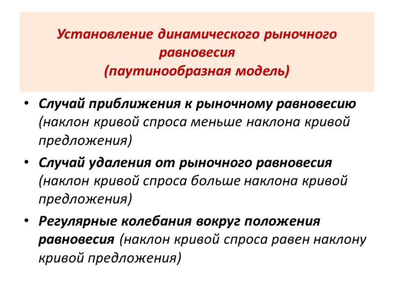 Установление динамического рыночного равновесия (паутинообразная модель) Случай приближения к рыночному равновесию (наклон кривой спроса